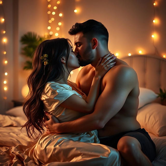 A sensual and intimate bedroom scene featuring a couple embracing passionately, with soft, warm lighting casting a romantic glow