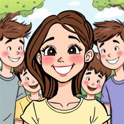 A cheerful and simplistic drawing of an attractive young woman with a bright smile, surrounded by a group of boys admiring her