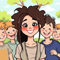 A cheerful and simplistic drawing of an attractive young woman with a bright smile, surrounded by a group of boys admiring her