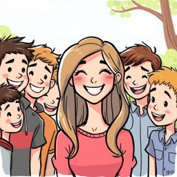 A cheerful and simplistic drawing of an attractive young woman with a bright smile, surrounded by a group of boys admiring her