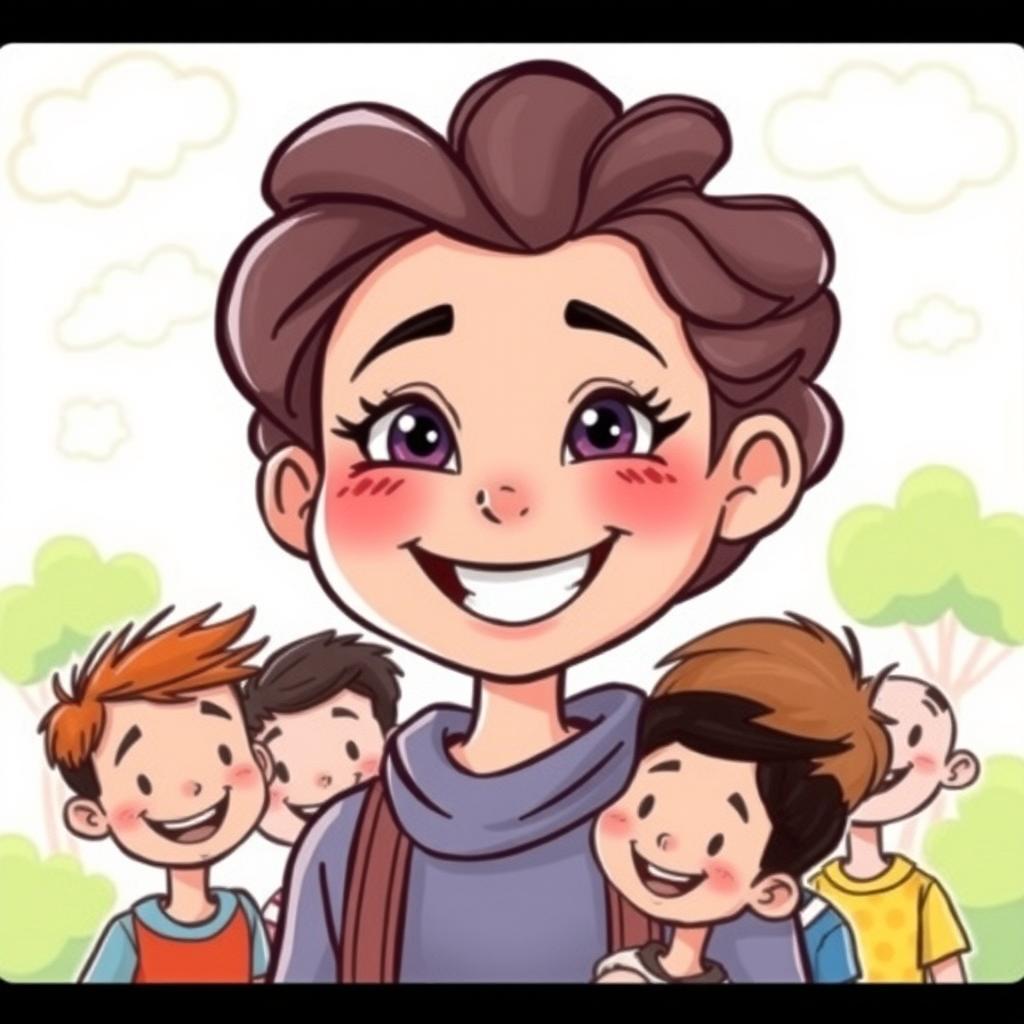 A cheerful and simplistic drawing of an attractive young woman with a bright smile, surrounded by a group of boys admiring her