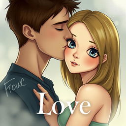 A romantic and captivating book cover titled "Love" featuring Tris and Four from Divergent in a tender moment where Four is kissing Tris