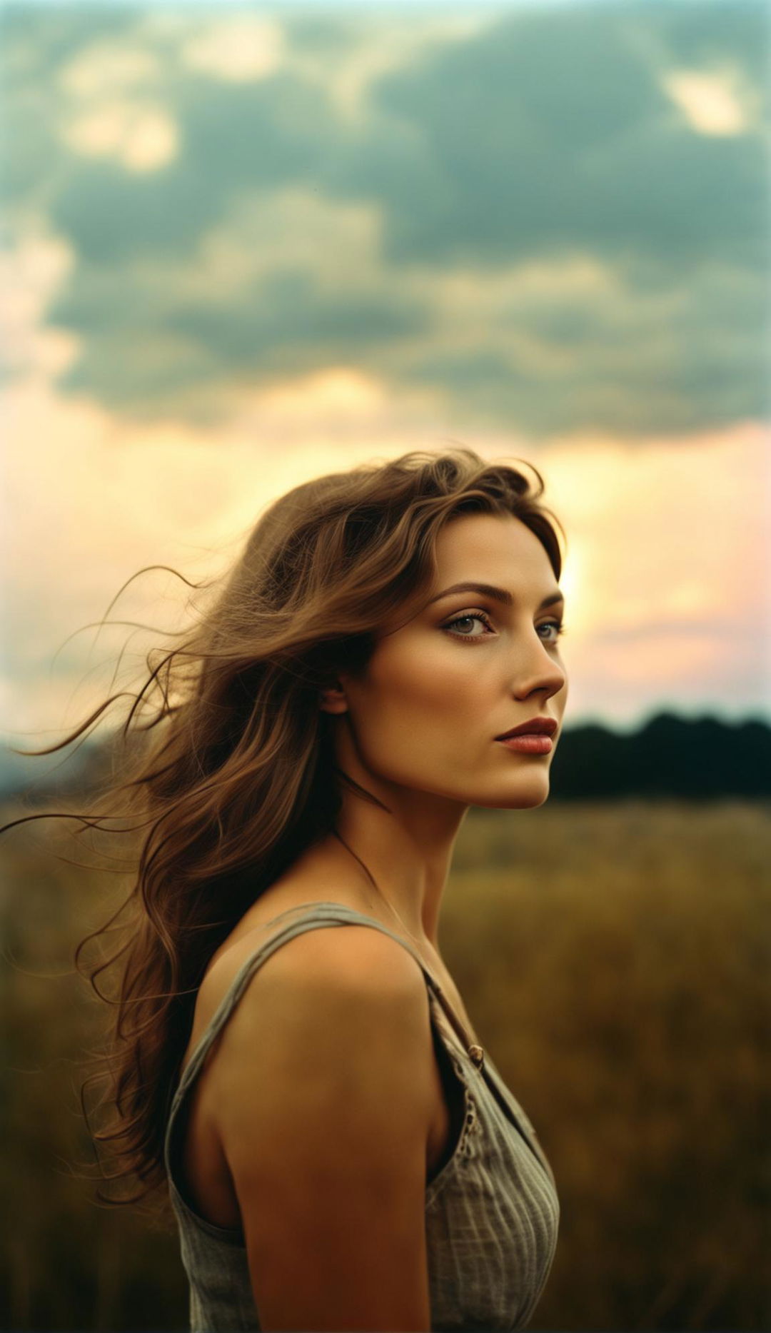 Unfiltered, unedited ultra high-resolution 36k real-life candid photograph in Dorothea Lange style of a beautiful 27-year-old Ukrainian woman with facial symmetry, round pupils, long eyelashes, full lips in side profile, low light, low angle against a landscape with clouds at sunset. Upper body shot showcasing detailed human skin and thick hair.