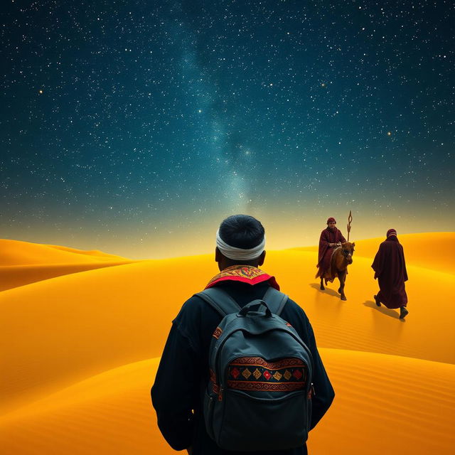 A Black wandering vendor in Madrid with a backpack, contemplating the Eastern Magi kings journeying through a desert under a starry sky