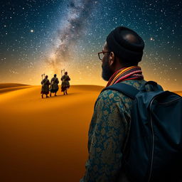 A Black wandering vendor in Madrid with a backpack, contemplating the Eastern Magi kings journeying through a desert under a starry sky