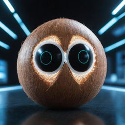 A coconut personified as an AI, with glowing digital eyes and circuitry patterns overlaid on its shell, against a backdrop of a futuristic virtual environment.