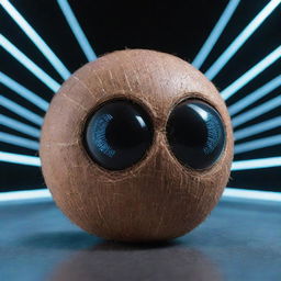 A coconut personified as an AI, with glowing digital eyes and circuitry patterns overlaid on its shell, against a backdrop of a futuristic virtual environment.