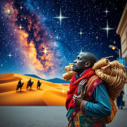 A Black wandering vendor in Madrid carrying a large bundle on his back, lost in thought about the Eastern Magi kings journeying through a desert under a starry sky