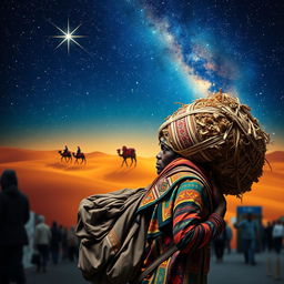 A Black wandering vendor in Madrid carrying a large bundle on his back, lost in thought about the Eastern Magi kings journeying through a desert under a starry sky