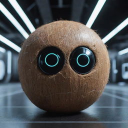 A coconut personified as an AI, with glowing digital eyes and circuitry patterns overlaid on its shell, against a backdrop of a futuristic virtual environment.