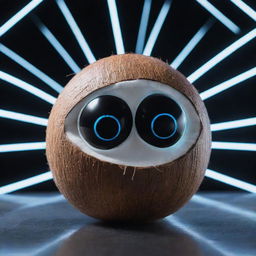 A coconut personified as an AI, with glowing digital eyes and circuitry patterns overlaid on its shell, against a backdrop of a futuristic virtual environment.