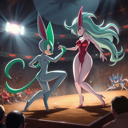 A dynamic and captivating scene depicting Loppunny in a sexy, athletic pose engaged in a fierce battle against a sexy female Gardevoir