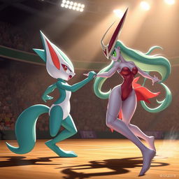 A dynamic and captivating scene depicting Loppunny in a sexy, athletic pose engaged in a fierce battle against a sexy female Gardevoir