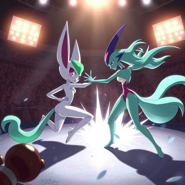 A dynamic and captivating scene depicting Loppunny in a sexy, athletic pose engaged in a fierce battle against a sexy female Gardevoir