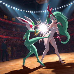 A dynamic and captivating scene depicting Loppunny in a sexy, athletic pose engaged in a fierce battle against a sexy female Gardevoir