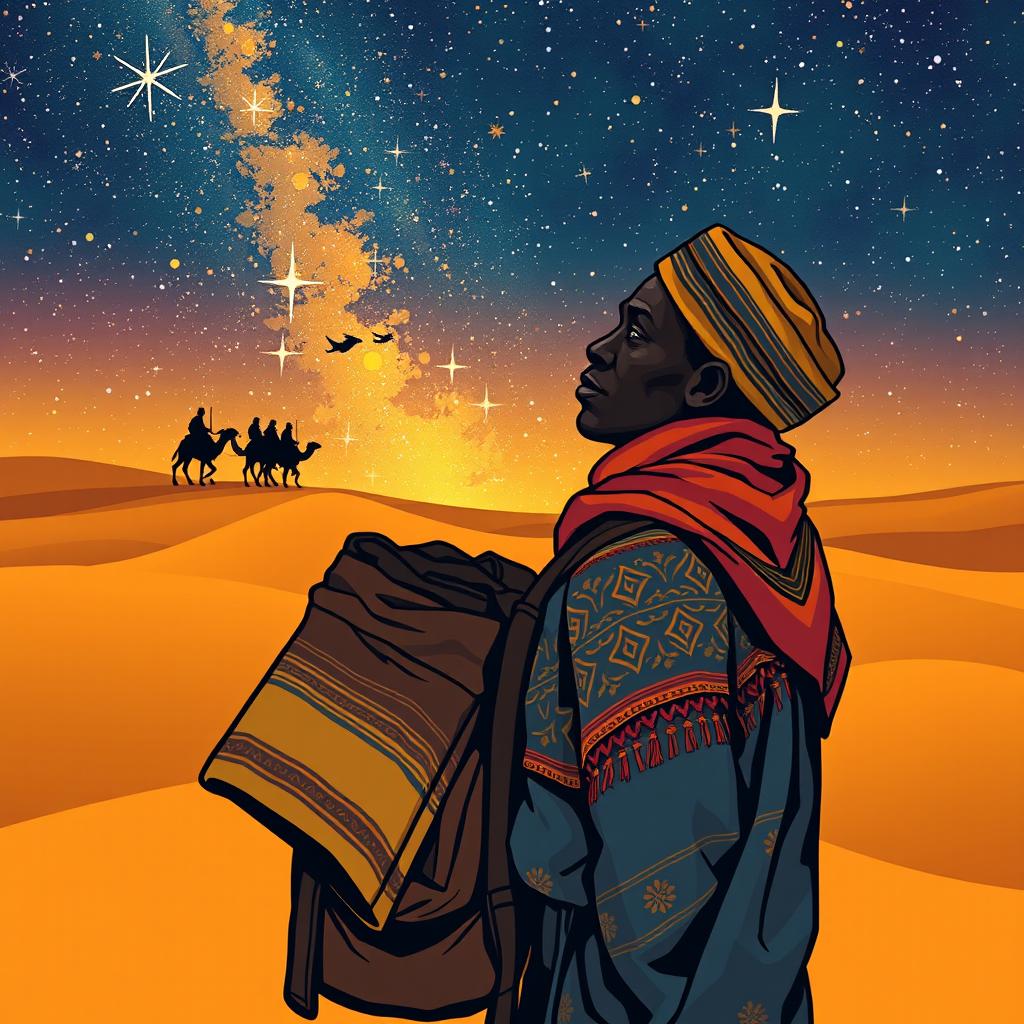 A Black wandering vendor in Madrid carrying his merchandise on his back, thoughtfully gazing towards the horizon as he reminisces about the Eastern Magi kings journeying through a desert under a starry sky