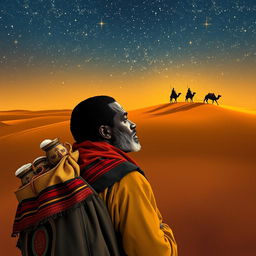 A Black wandering vendor in Madrid carrying his merchandise on his back, thoughtfully gazing towards the horizon as he reminisces about the Eastern Magi kings journeying through a desert under a starry sky