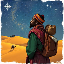 A Black wandering vendor in Madrid carrying his merchandise on his back, thoughtfully gazing towards the horizon as he reminisces about the Eastern Magi kings journeying through a desert under a starry sky