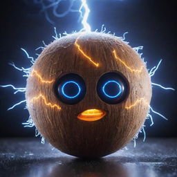 A Coconut personified as a vivid AI, with radiant digital eyes and circuit patterns on the shell, amidst a dynamic backdrop filled with bolts of electrifying lightning.