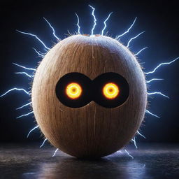 A Coconut personified as a vivid AI, with radiant digital eyes and circuit patterns on the shell, amidst a dynamic backdrop filled with bolts of electrifying lightning.