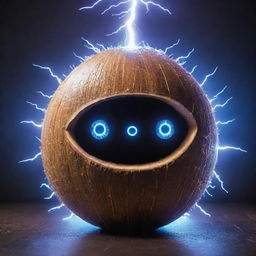 A Coconut personified as a vivid AI, with radiant digital eyes and circuit patterns on the shell, amidst a dynamic backdrop filled with bolts of electrifying lightning.