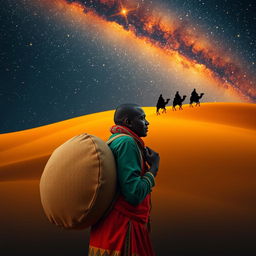 A Black wandering vendor in Madrid carrying a large round bag on his back, lost in thought about the Eastern Magi kings journeying through a desert under a starry sky