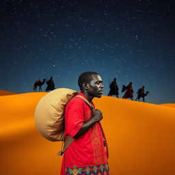 A Black wandering vendor in Madrid carrying a large round bag on his back, lost in thought about the Eastern Magi kings journeying through a desert under a starry sky