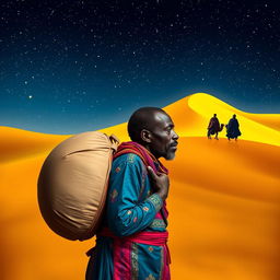 A Black wandering vendor in Madrid carrying a large round bag on his back, lost in thought about the Eastern Magi kings journeying through a desert under a starry sky