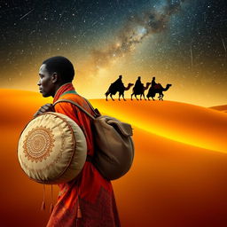 A Black wandering vendor in Madrid carrying a large round bag on his back, lost in thought about the Eastern Magi kings journeying through a desert under a starry sky