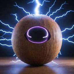 A Coconut personified as a vivid AI, with radiant digital eyes and circuit patterns on the shell, amidst a dynamic backdrop filled with bolts of electrifying lightning.