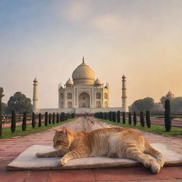 A scene of a pretty sunset at the Taj Mahal with an imaginative touch of a majestic giant cat peacefully sleeping on top