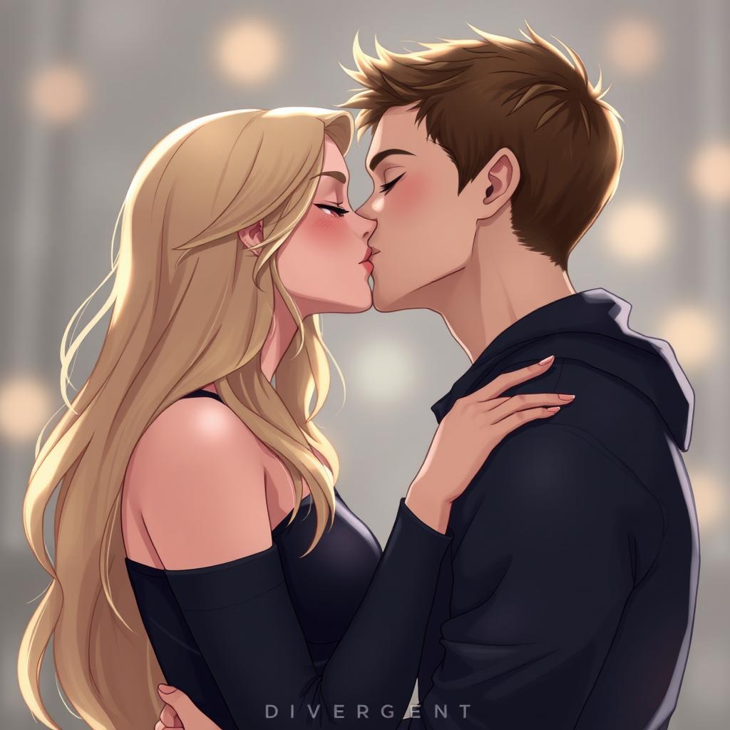 An intimate and touching scene featuring Tris and Four from Divergent, captured in a moment where Four is kissing Tris