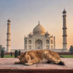 A scene of a pretty sunset at the Taj Mahal with an imaginative touch of a majestic giant cat peacefully sleeping on top