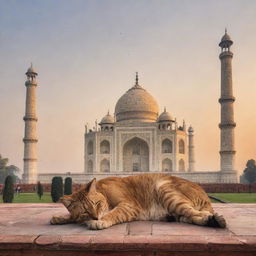 A scene of a pretty sunset at the Taj Mahal with an imaginative touch of a majestic giant cat peacefully sleeping on top