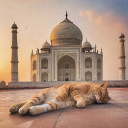 A scene of a pretty sunset at the Taj Mahal with an imaginative touch of a majestic giant cat peacefully sleeping on top