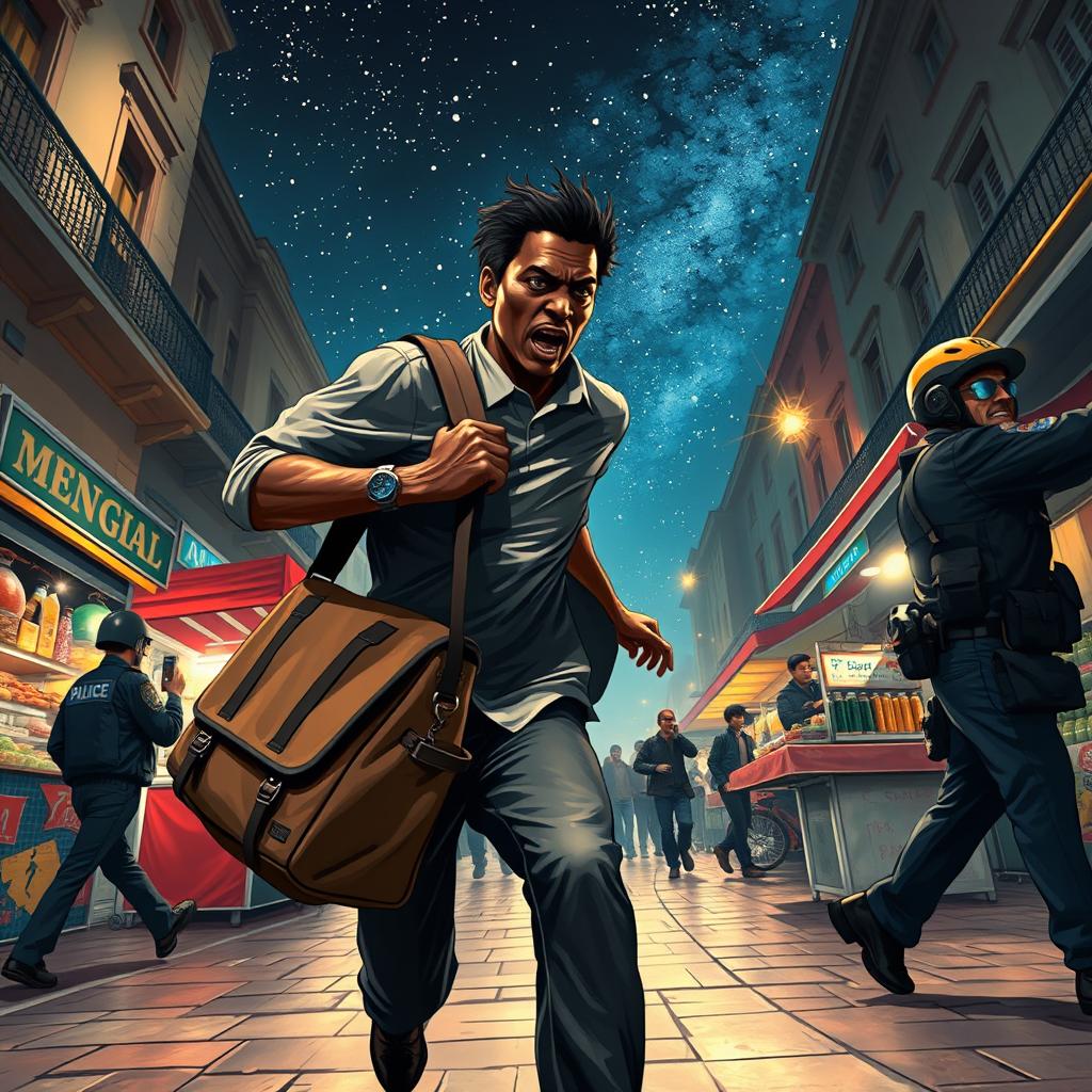 A dynamic scene depicting a black street vendor in Spain, frantically escaping from the police