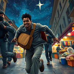 A dynamic scene depicting a black street vendor in Spain, frantically escaping from the police