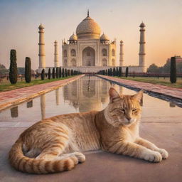 A scene of a pretty sunset at the Taj Mahal with an imaginative touch of a majestic giant cat peacefully sleeping on top