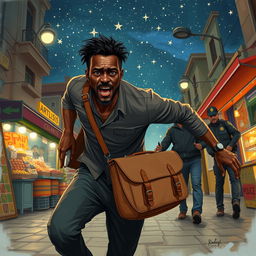 A dynamic scene depicting a black street vendor in Spain, frantically escaping from the police