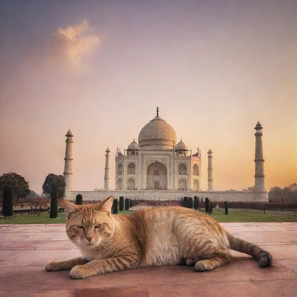 An unusual sight of the Taj Mahal under a beautiful sunset, with a whimsical twist of a giant cat comfortably napping on the iconic dome