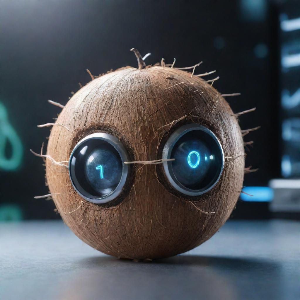 A Coconut as an AI entity, with bright digital eyes and futuristic circuitry patterns coursing like lightning across its shell. Set within an energized cybernetic environment.