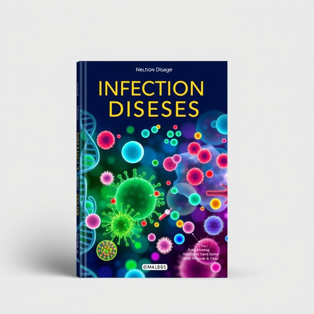 Book cover design for an infectious diseases textbook, featuring a stylized representation of a microscopic view of bacteria and viruses in vibrant colors