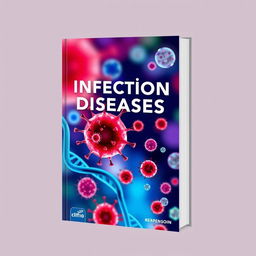 Book cover design for an infectious diseases textbook, featuring a stylized representation of a microscopic view of bacteria and viruses in vibrant colors