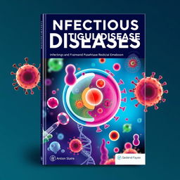 Book cover design for an infectious diseases textbook, featuring a stylized representation of a microscopic view of bacteria and viruses in vibrant colors