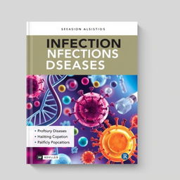 Book cover design for an infectious diseases textbook, featuring a stylized representation of a microscopic view of bacteria and viruses in vibrant colors