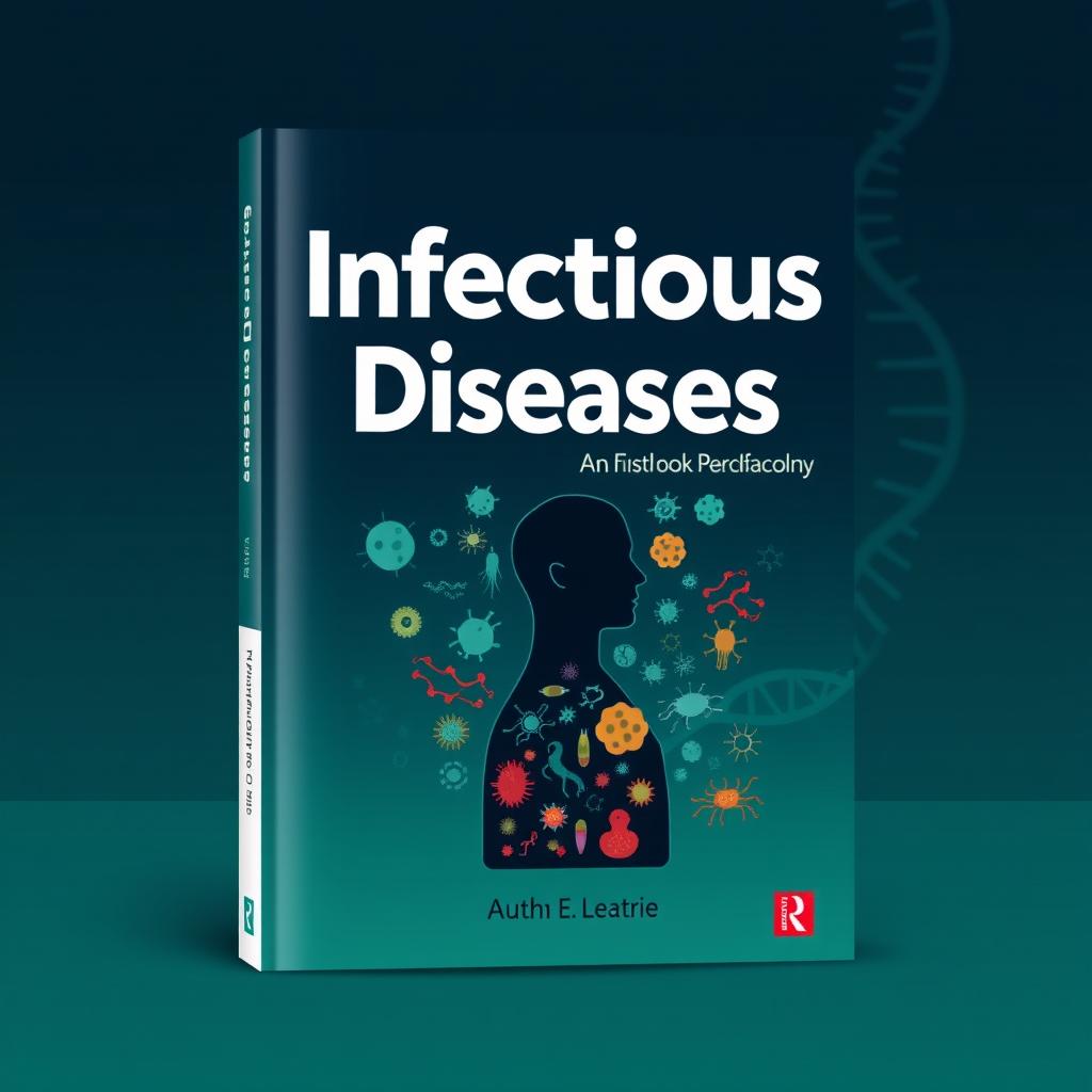 A book cover design for an infectious diseases textbook, featuring a stylized illustration of a human silhouette with various pathogens and microbes depicted around it