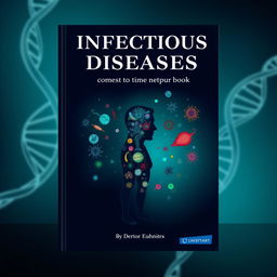 A book cover design for an infectious diseases textbook, featuring a stylized illustration of a human silhouette with various pathogens and microbes depicted around it