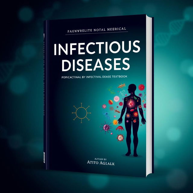 A book cover design for an infectious diseases textbook, featuring a stylized illustration of a human silhouette with various pathogens and microbes depicted around it