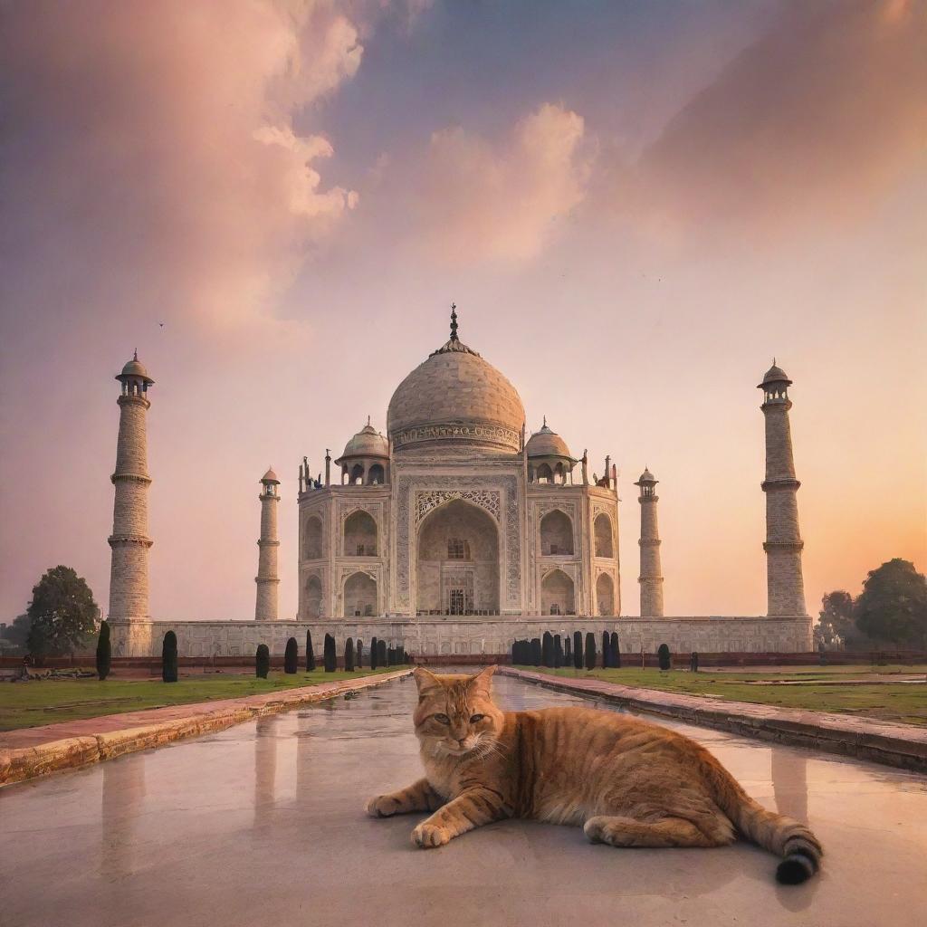 An unusual sight of the Taj Mahal under a beautiful sunset, with a whimsical twist of a giant cat comfortably napping on the iconic dome