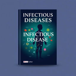 A book cover design for an infectious diseases textbook, featuring a stylized illustration of a human silhouette with various pathogens and microbes depicted around it